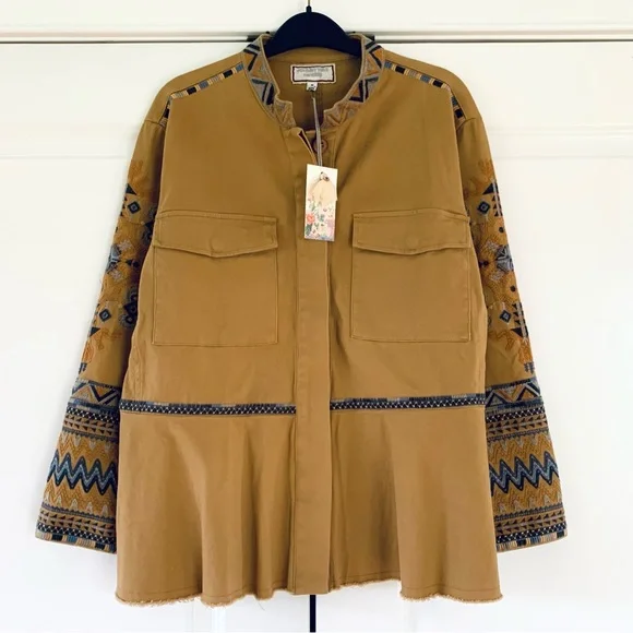 Johnny Was Workshop Jacket Amika Peplum Military Embroidered Boho Khaki Size M